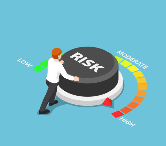 Flat 3d isometric businessman turning risk button to high position. Business risk concept.