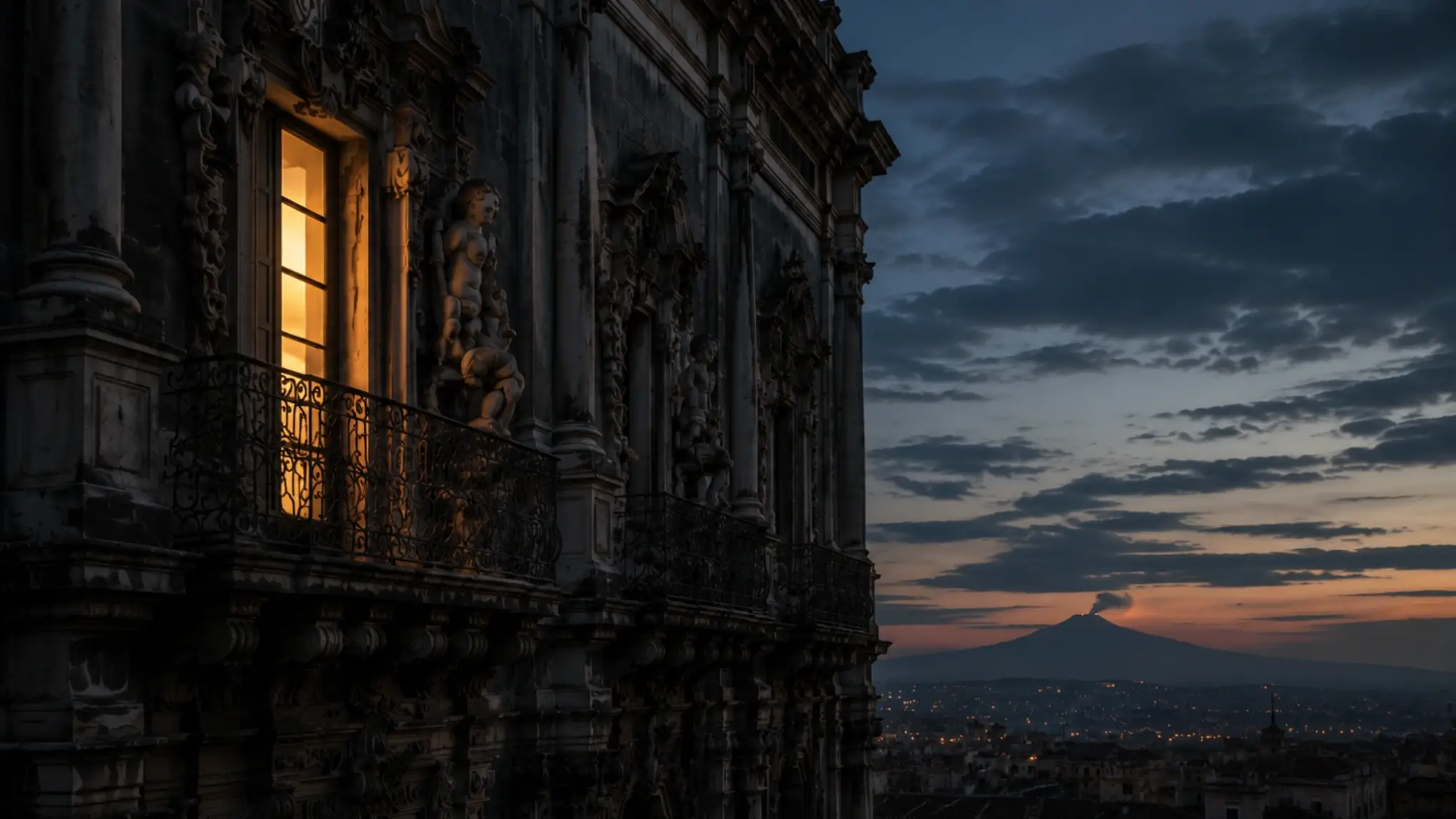 Scena illustrativa AI - balcone barocco di Catania al blue hour, finestra illuminata, vista sull'Etna in distanza