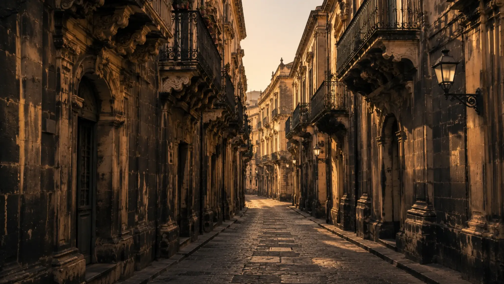 Scena illustrativa AI - vicolo del centro storico di Catania in luce diurna, architettura barocca dopo la ricostruzione del 1693