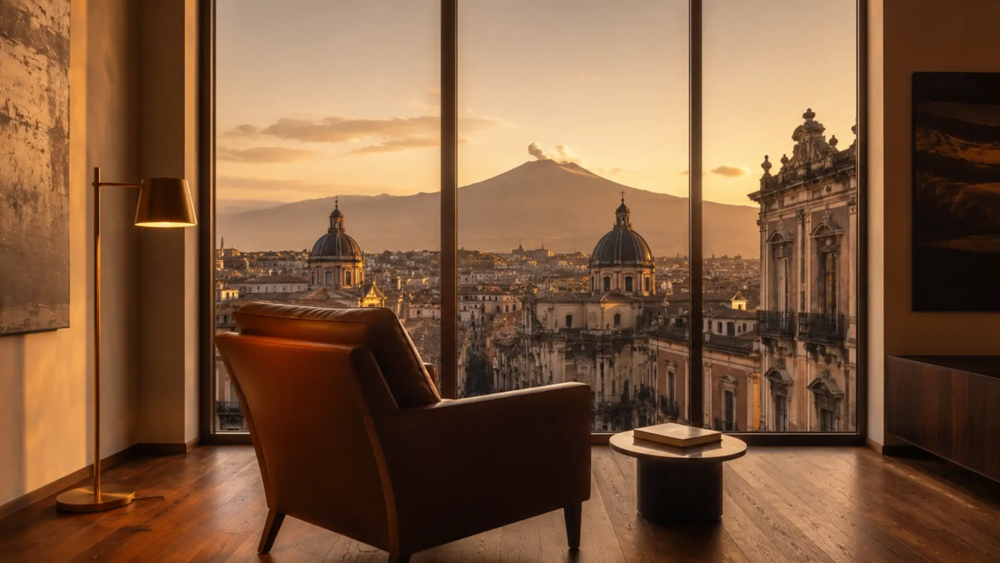 Scena illustrativa AI - studio moderno con poltrona in pelle cognac e vetrate panoramiche affacciate sul centro storico di Catania al tramonto