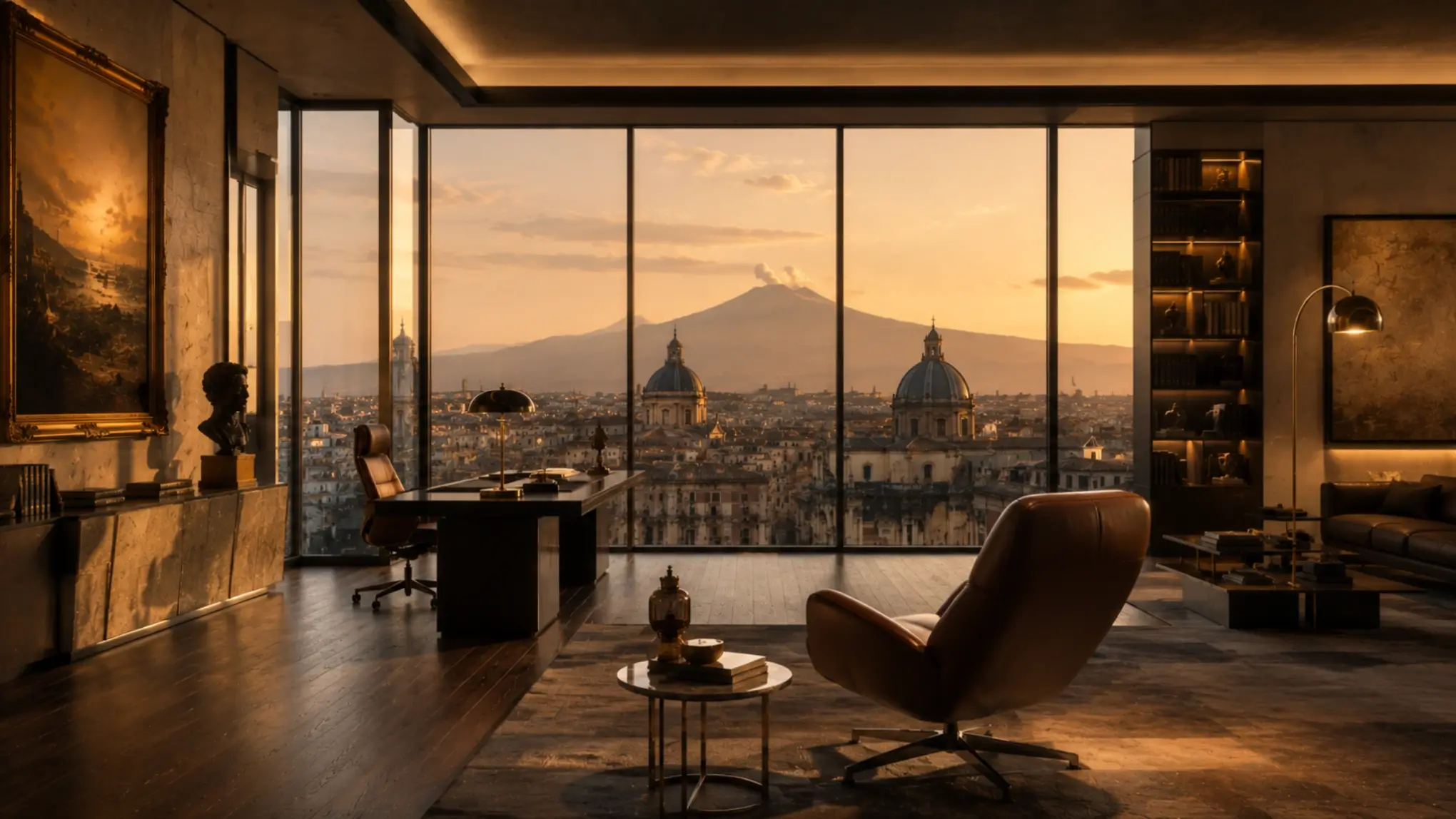 Scena illustrativa AI - studio professionale di consulenza finanziaria a Catania con scrivania design, libreria e vista panoramica sul centro storico al tramonto