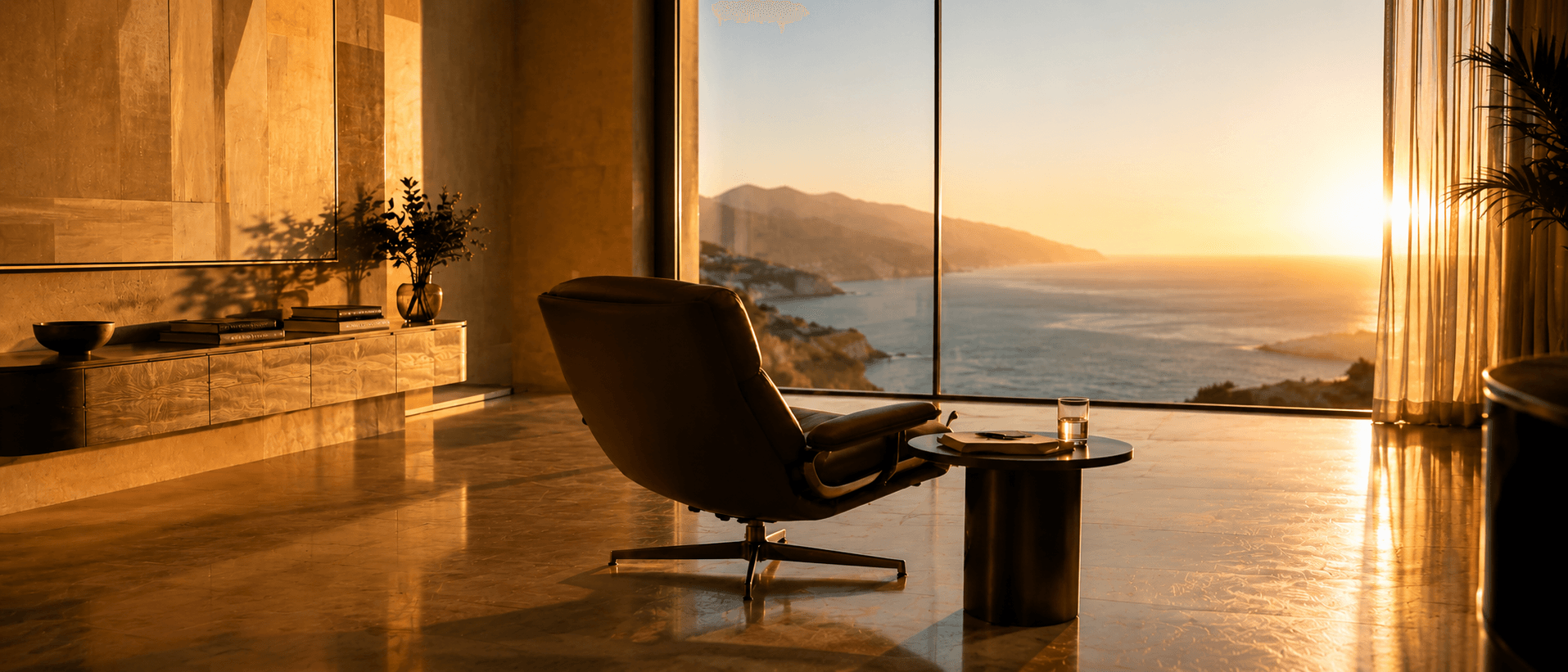Poltrona in pelle vuota davanti a una vetrata con vista sulla costa siciliana al tramonto, evocazione della scelta consapevole sul proprio patrimonio.